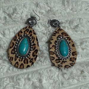 Leopard Print Teardrop Earrings with Turquoise Stone